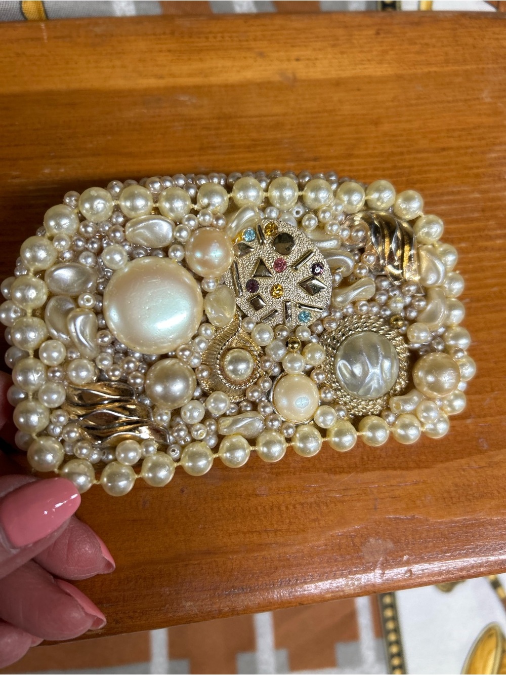 Vintage Custom Made Art Inspired Pearl Beaded Embellished - Gold & Cream Buckle